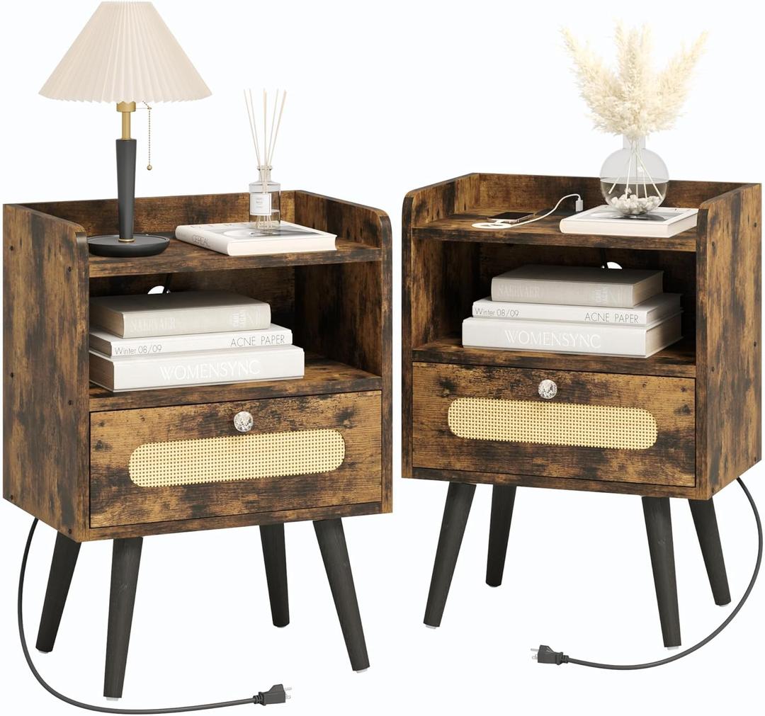 AGDULL Nightstands/Beside Table Set of 2 with Charging Station, End Table with Diamond Handle and Rattan-Style Drawer, Rustic Brown
