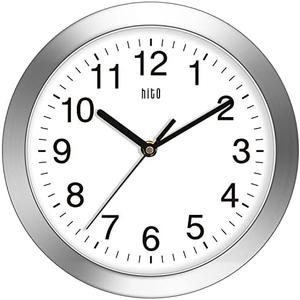 HITO 10 Inch Silent Wall Clock Battery Operated Non Ticking Glass Cover Silver Aluminum Frame, for Kitchen, Bedroom, Home Office, Living Room Decor