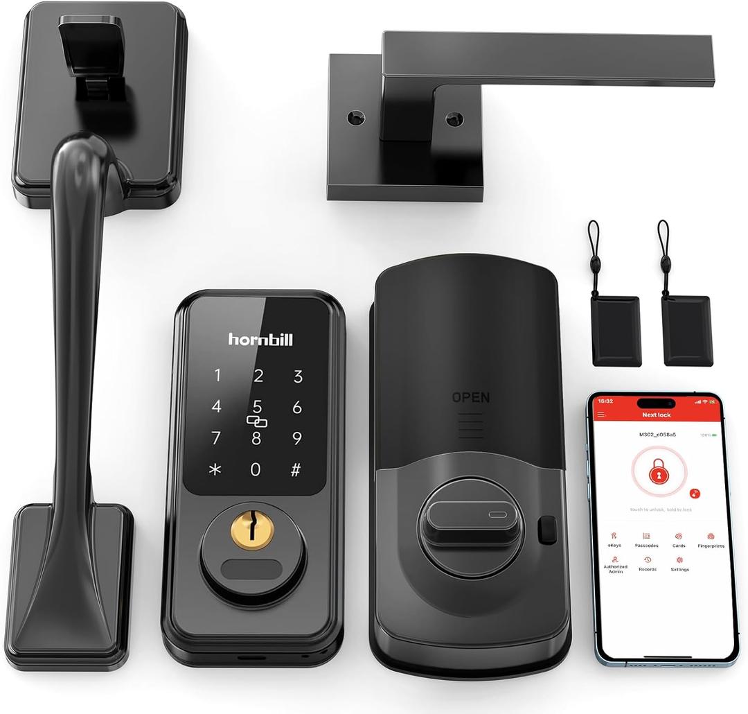 Keyless Entry Door Lock with Handles, Hornbill Smart Front Door Lock Set, Alexa Front Exterior Door Set, Digital Touchscreen via Bluetooth APP/Keyfob/Key-Matte Black(Not Compatible Gram/Screen Door)