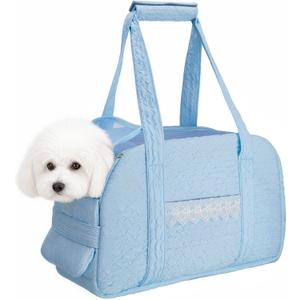 Dog Carrier Tote Bag, Foldable Soft Sided Breathable Mesh Lightweight Travel Handbag with Padded Handles, Lace Decor Portable Pet Purse for Small Puppy Kitten Cat Up to 15 Lbs (Blue)