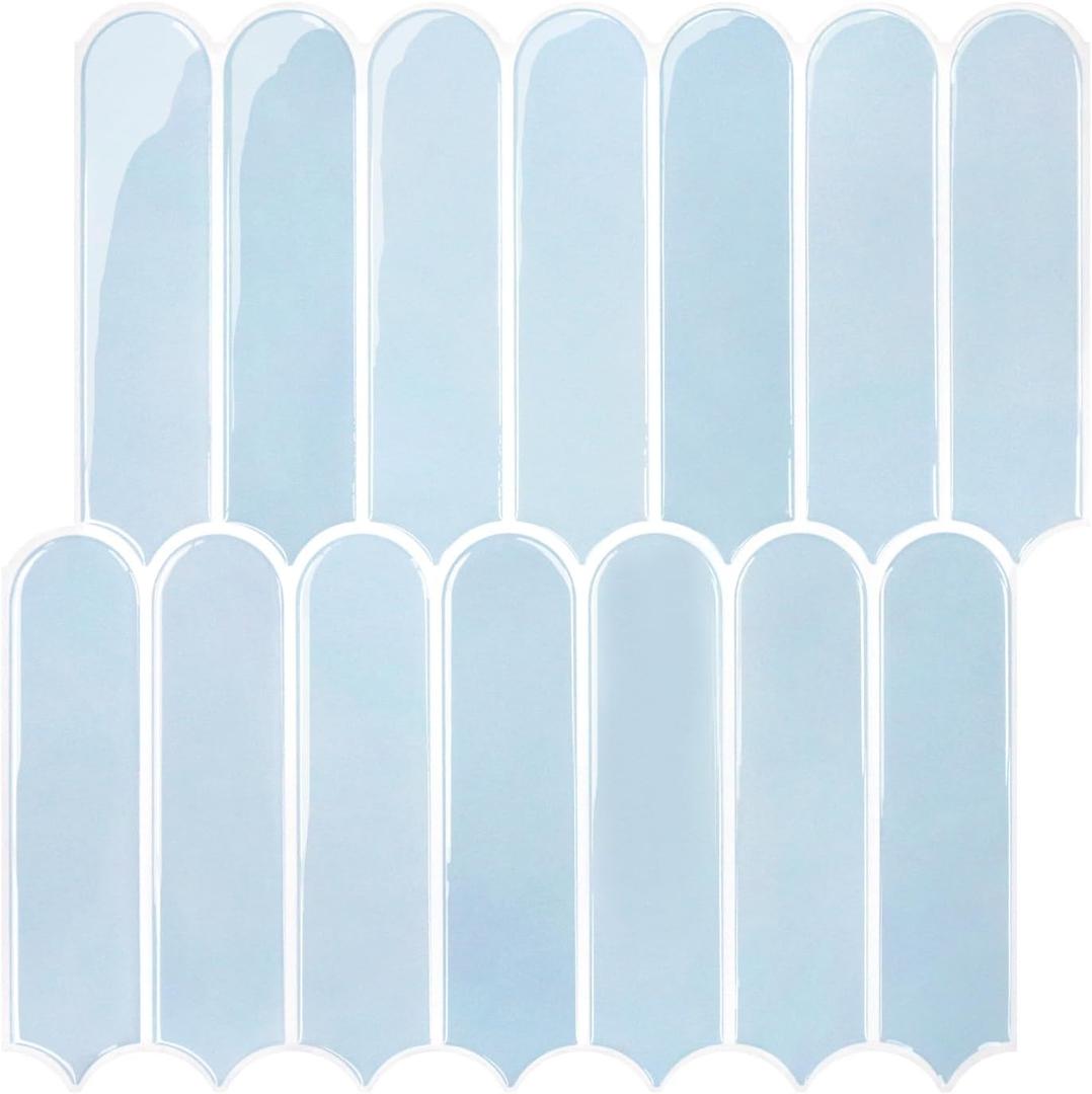Commomy Thicker Light Blue Peel and Stick Backsplash - 10 pcs of 12" x 12" - 3D Adhesive Peel and Stick Tiles Backsplash for Kitchen, Bathroom, Removable, Waterproof, Vinyl Wall Tile (Glossy Sky Blue & Thicker Design)