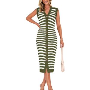 BTFBM Casual Women Spring Dresses 2025 Sleeveless Striped Midi Button Down Dress Ribbed Knit Cardigan Cover Up Dress (XXL)