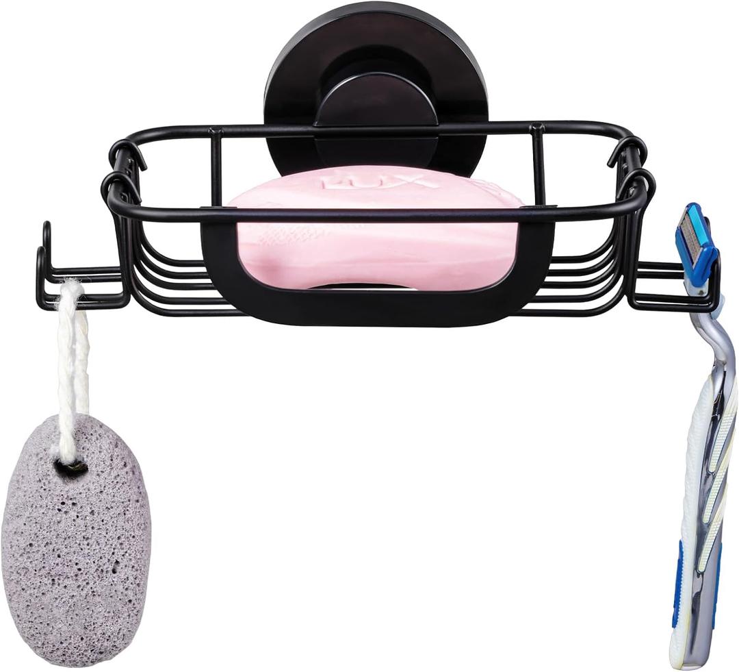 TAILI Soap Holder Dish Suction Cup with Hooks, Soap Saver Tray for Shower Wall, Bathroom, Tub, Rustproof Stainless Steel Sponge Holder for Kitchen, Drill-Free, Bathroom Shower Accessories(Black) (5.6" * 4.6")