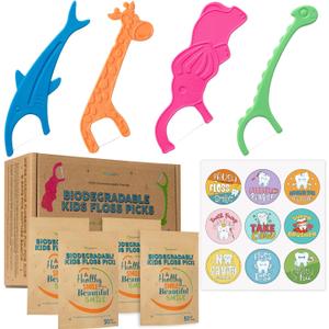 Biodegradable Kids Flossers -200 Pack, Natural Kids Floss Picks, Fluoride Free, Biodegradable Floss Pick, Organic Animal Dental Floss Picks, Dental Floss Sticks - 4 Fun Animal Designs