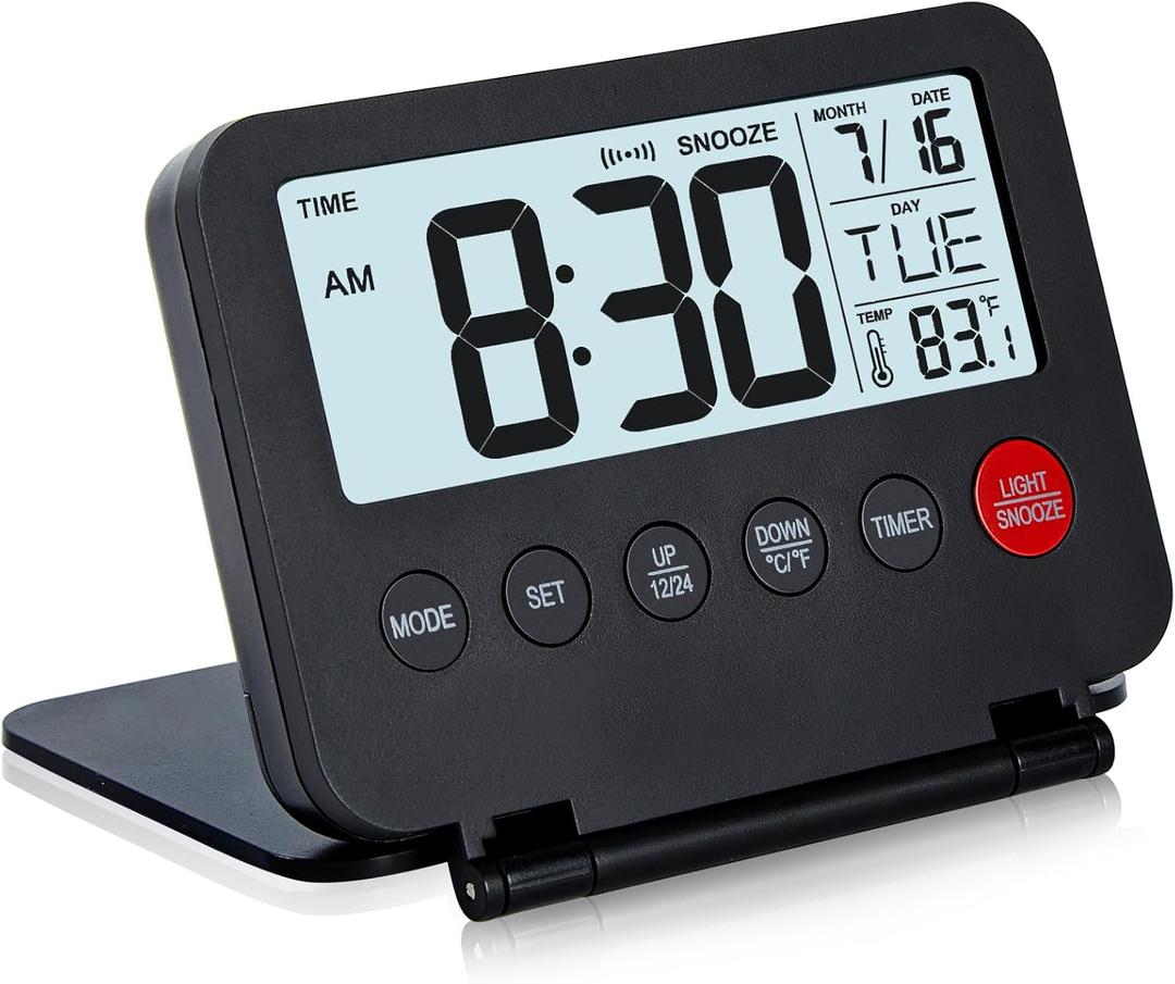 KANBIT Small Digital Travel Alarm Clock, Large LCD Display Front Button with Date & Temperature, Snooze and 8 Seconds Backlight AAA Battery Operated Desk Clock for Home & Office, Black