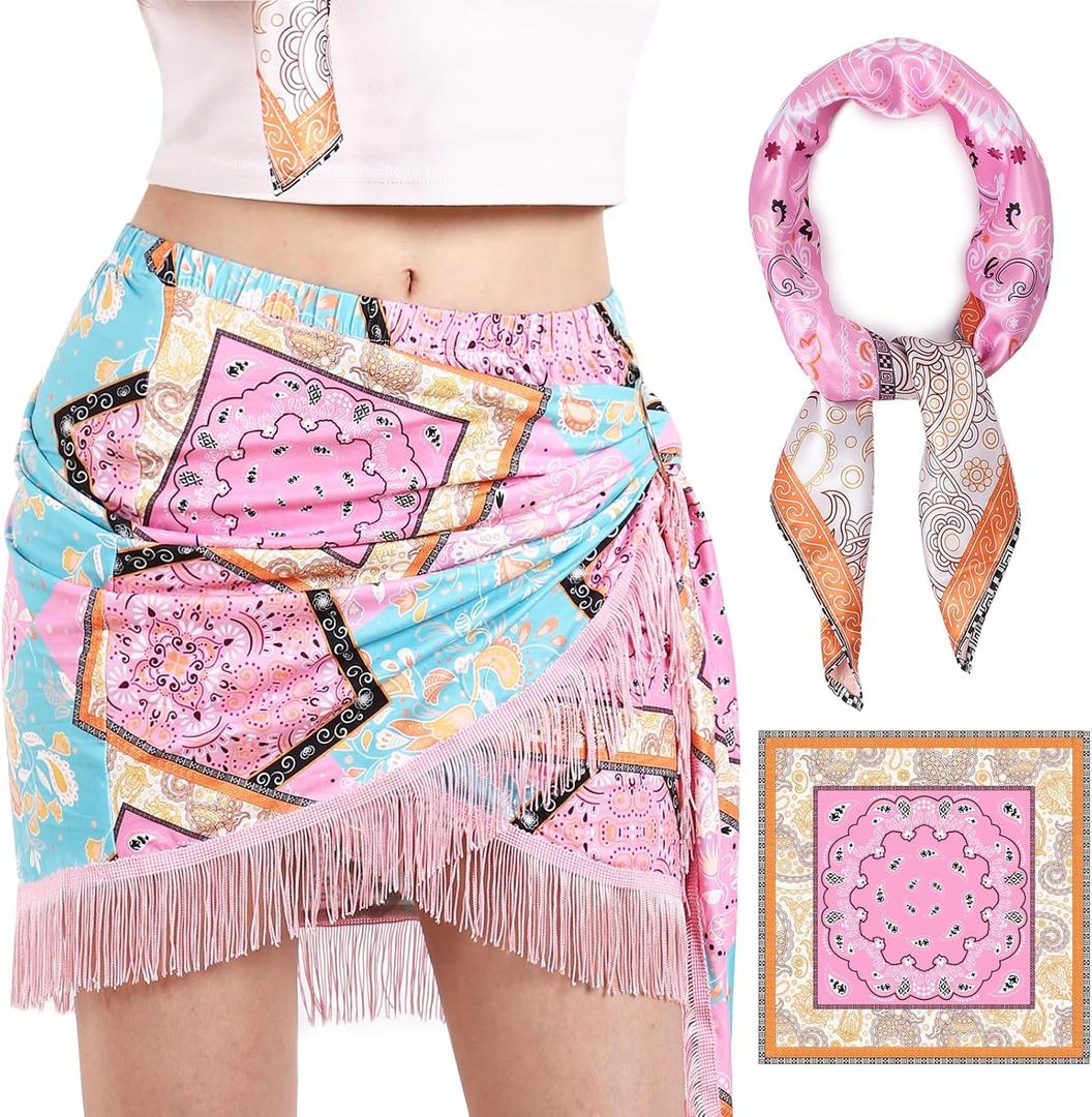 Wrap Skorts for Women, Casual Beach Mini Skirt with Silk 27" Square Scarf, Boho Beach Cover Ups for Swimwear (8-10, Pink)