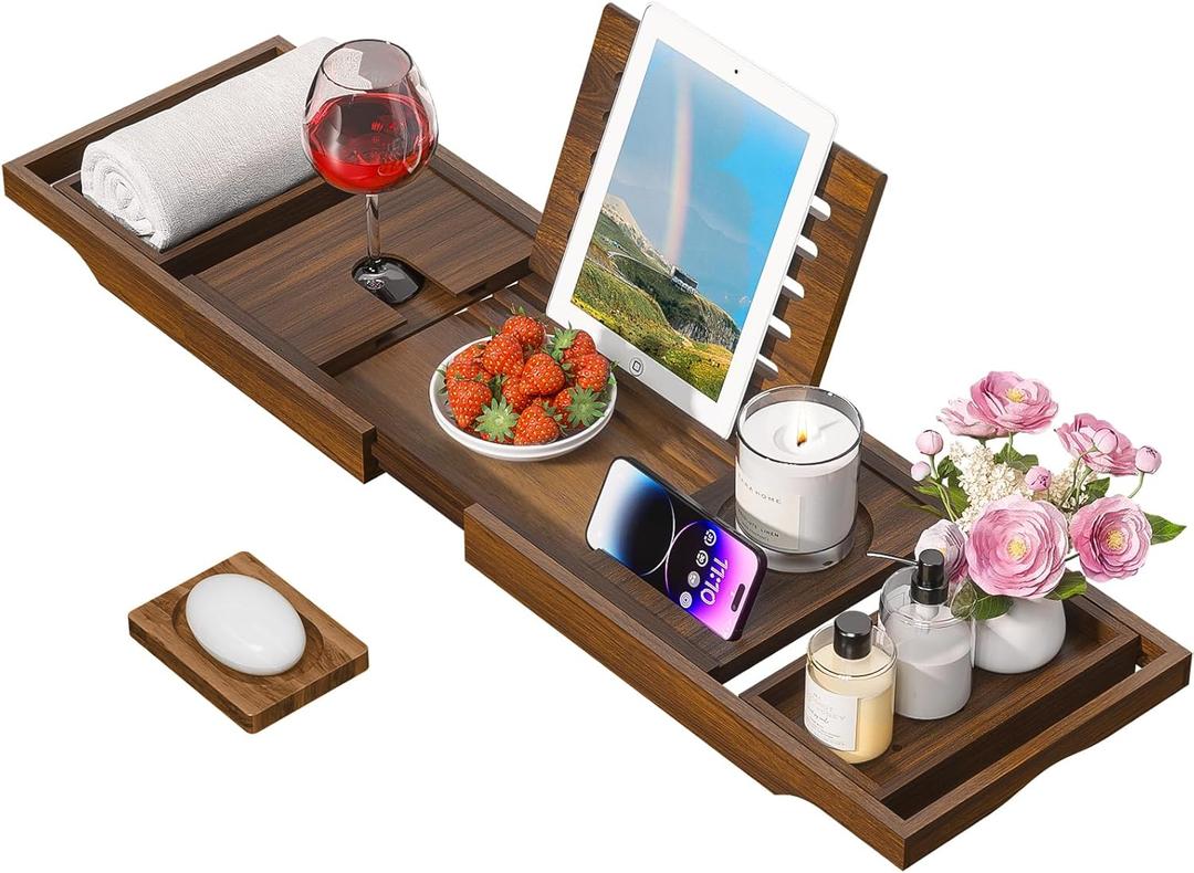 Wooden Bathtub Tray for Luxury Bathroom, Expandable Premium Teak Bath Tray, Adjustable Bath Accessories for Tub, as Unique Housewarming, Holiday, Birthday Gifts