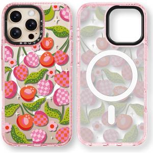 Bouvardia for iPhone 16 Pro Max Case Cute Aesthetic Magnetic,[Compatible with Magsafe] Shockproof Military Grade Protection,Girly Design for Women Girls,Pink Red Cherry Pattern,Pink Glitter Cover (Magsafe Case for iPhone 16 Pro Max, Check Cherry)