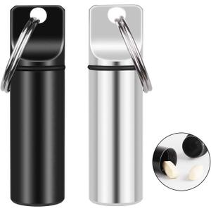 2 Pack Small Pocket Pill Box Keychain, Portable Mini Aluminium Alloy Pill Organizer Case Container for Purse, Waterproof Metal Pill Holder Medicine Bottle for Outdoor Camping Travel (Black & White)