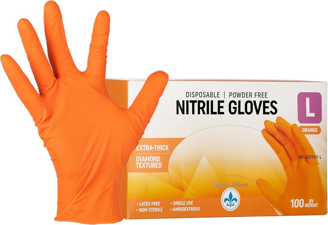 8 Mil Disposable Orange Nitrile Rubber Gloves. Heavy Duty, Food Safe, Mechanic, Cleaning. Diamond Texture, (Extra Large)
