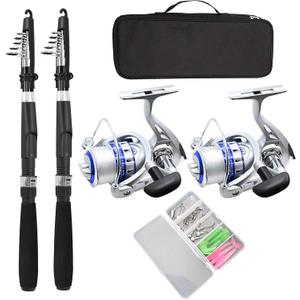 Fishing Pole Combo Set,2.1m/6.89ft 2PCS Collapsible Rods 2PCS Spinning Reels Lures Set Carrier Bag Carbon Fiber Telescopic Fishing Rods Sea Saltwater Freshwater Kit Fishing Rod Reel Combos