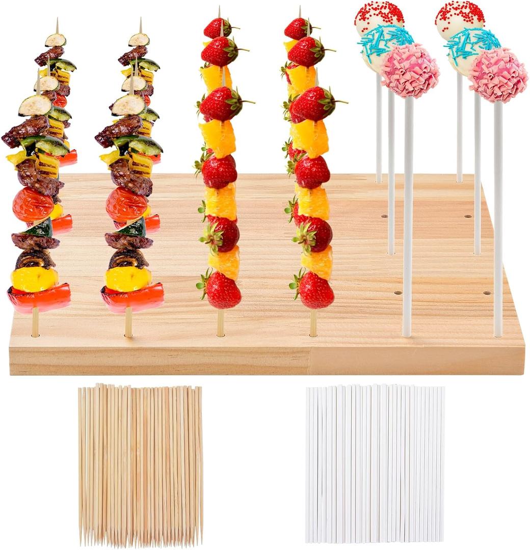 30 Holes Wooden Skewer Display Holder,Rectangle Fruit Kabobs Skewers Stand,Catering Appetizer Fruit Pick Stand Skewers,Wheat Color Wood Lollipop Holder for Baby Shower Birthday Cocktail Party