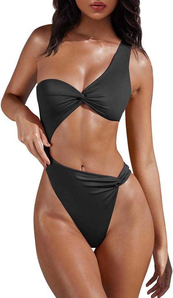 XXTAXN Women's Sexy Thong Cutout Monokinis Tie Beach One Piece Swimsuit Bathing Suit (Small, Black)