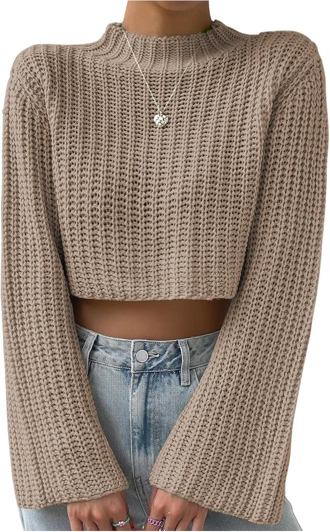 MakeMeChic Women's Mock Neck Crop Sweater Bell Sleeve Knitted Pullovers Jumper Tops (Gray, S)