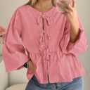 PRETTYGARDEN Women's Spring Fall Babydoll Peplum Blouse Shirt Puff Long Sleeve Bow Tie Front Trendy Cute Y2K Going Out Tops