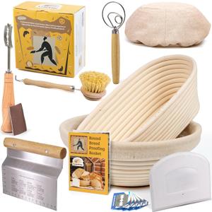 Sourdough Bread Baking Supplies Starter Kit, Banneton Proofing Basket Set: Round 9" & Oval 10", Gift Set