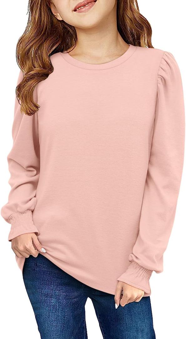 storeofbaby Girls Long Sleeve Shirts Casual Crewneck Tops Loose Fit Plain Tunic (Pink, XL)