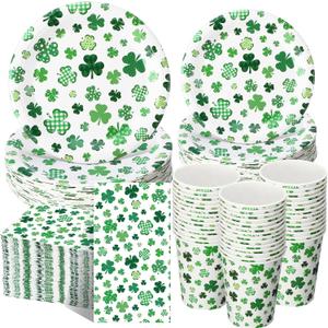 Pickmesh 250 Pcs St. Patrick's Day Party Supplies Kit for 50  Shamrock Disposable Paper Plates, Napkins and Cups for St. Paddy's Day Party, Irish Celebration, Birthday Decorations (Green)