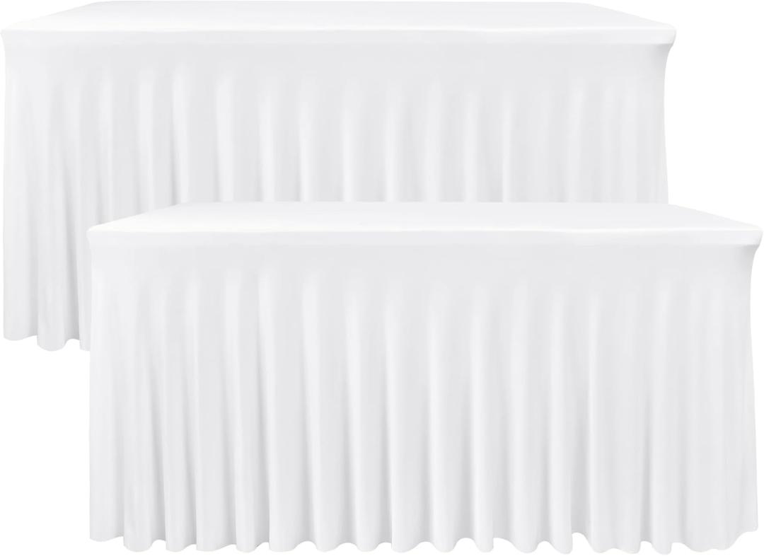 Nasitos White Table Skirt for 8 Foot Rectangle Tables, 2 Pack - 96 x 30 Inch - Stretch Spandex Fitted Table Clothes, Fabric Table Covers Cocktail Tablecloths for Party, Banquet, Birthday