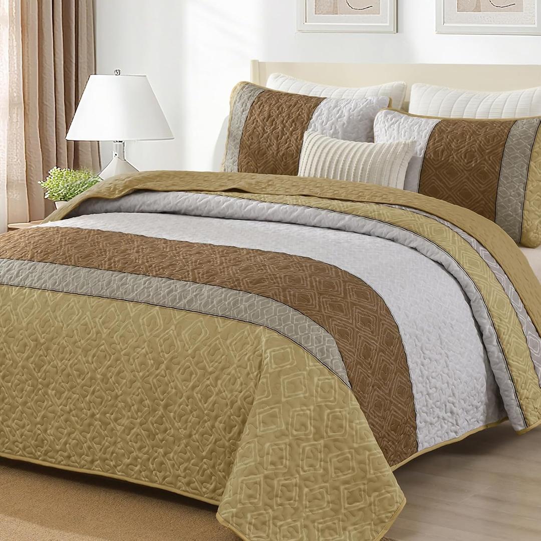 Cottolester Khaki Quilt Set,Striped Queen Size,Plaid Bedspread Coverlet Set,Khaki Brown Boho Bedding Set Soft Microfiber Bedding Set with 2 Pillow Shams 96"x90" (Yellow and Brown)