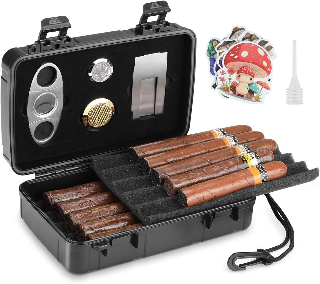 Travel Cigar Case Holds 10 Cigars, Portable Cigar Humidor Includes Cigar Cutter, Humidifier, Hygrometer - Cigar Accessories Set for Men (Black)
