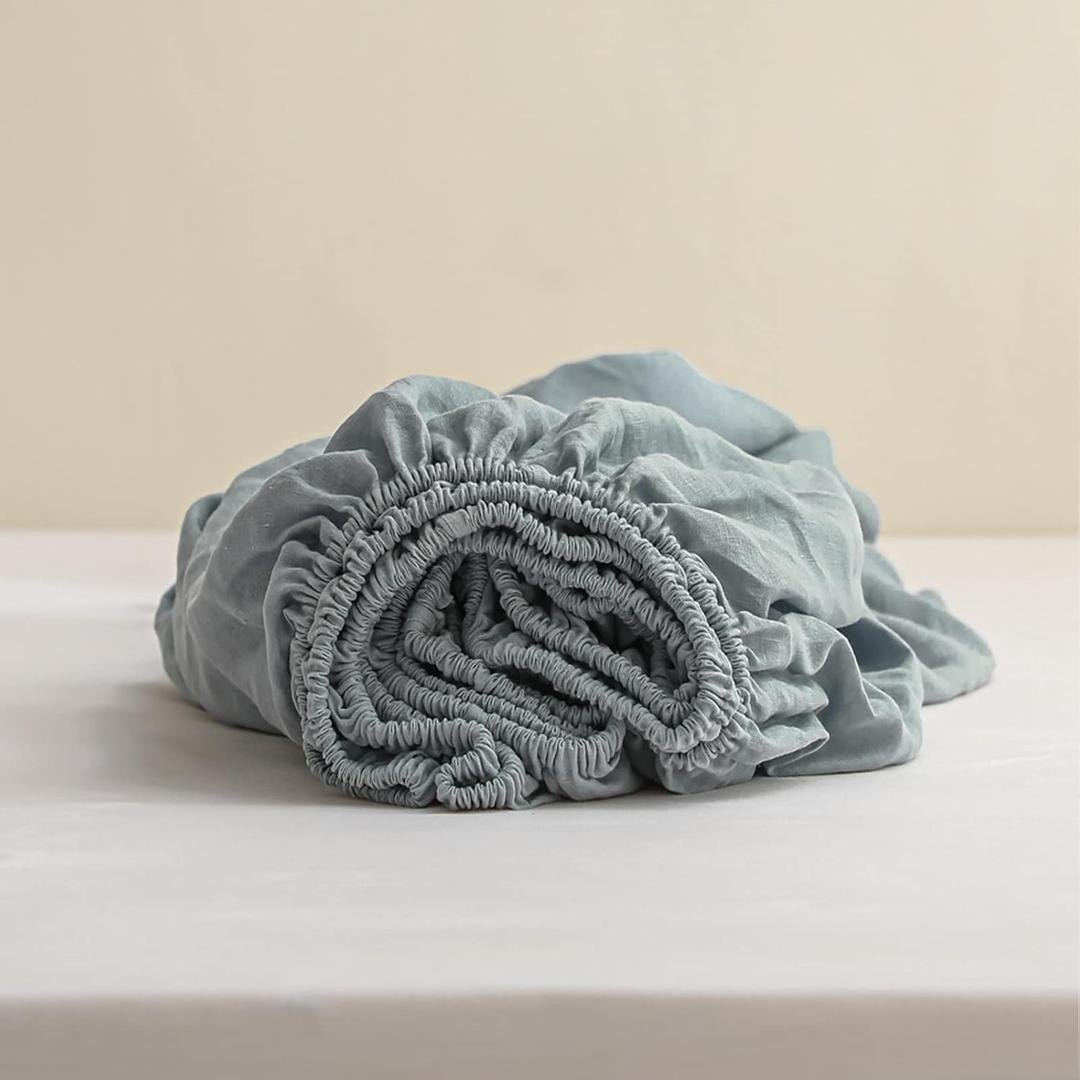 Simple&Opulence 100% Linen Fitted Sheet King Size, 14 Inch Deep Pocket Mattress Cover Natural French Flax Stone Washed Farmhouse Soft Breathable Bottom Sheets-Dusty Blue