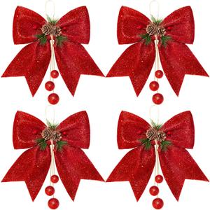 Whaline 4pcs Christmas Bow 9.8 x 11.8in Red Wreaths Bows Christmas Tree Bow Glitter Sequin Xmas Decorative Bows for Home Ornament Decoration Party