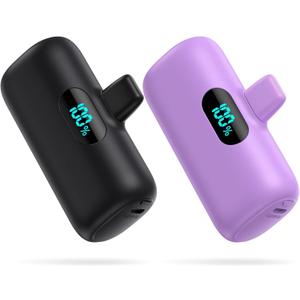 [2 Pack] Small Portable Charger for iPhone,Upgraded 5000mAh PD Fast Charging Power Bank, LCD Display Cute Mini Battery Pack Compatible with iPhone 14/14 Pro Max/13/13 Pro/12 Pro/11/XR/X/8,Black+Purple