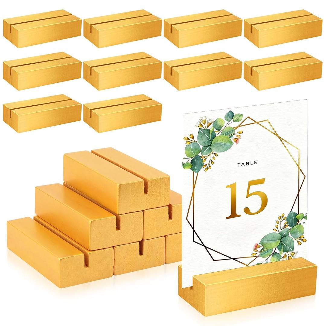 15 Pieces Wood Table Number Stands Wood Place Card Holders Picture Holder Acrylic Sign Holders for Ceremony Birthday Party Home Decoration (Gold)