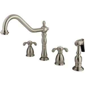 Kingston Brass KB1798TXBS French Country Widespread Kitchen Faucet with Brass Sprayer, Brushed Nickel
