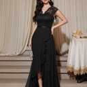 Bbonlinedress Women's V-Neck Dress for Women Wedding Guest Hi-Lo Floral Lace Prom Cocktail Party Formal Bridesmaid Dress (Black, XXXL)