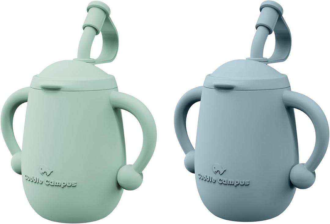 Cuddle Campus Pack of 2 Silicone Baby Training Cup, Shatterproof Toddler Sippy Cups with Straw, Open Cup for Baby, 6+ Months 5 Oz (Boothbay Gray+Sage)