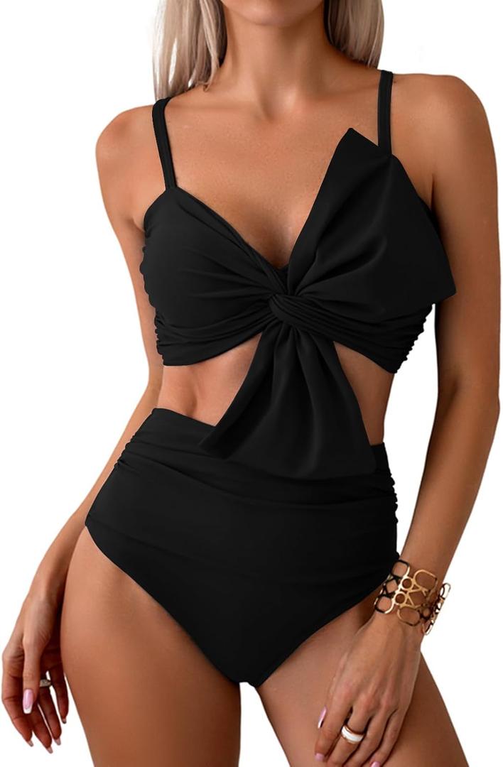 Womens Bikini Set High Waisted Swimwear Tie Knot High Rise Two Piece Swimsuits Bathing Suits (Large, Black)