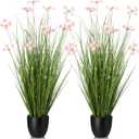 Jexine 2 Pack 3ft/35inch Artificial Outdoor Grass Plant Tall Faux Greenery Grass in Pot with Fake Pink Cosmos for Housewarming Wedding Gifts Spring Home Office Indoor Outdoor Decor