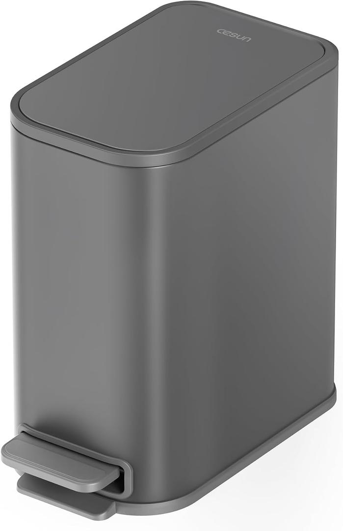 Cesun Small Bathroom Can with Lid Soft Close, Step Pedal, 5 Liter / 1.3 Gallon Stainless Steel Garbage Can with Removable Inner, Waste Basket for Bathroom, Bedroom (Gray)
