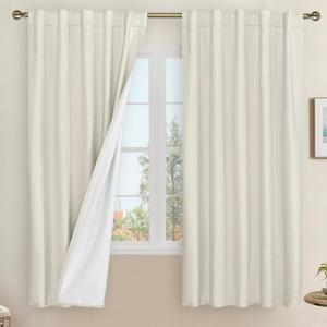 LAMIT Natural 100% Blackout Linen Curtains, 63 Inches Linen Textured Thermal Bedroom Curtains Back Tab and Rod Pocket Neutral Panels with White Liner for Farmhouse, 2 Panels, 42 x 63 Inch, Ivory