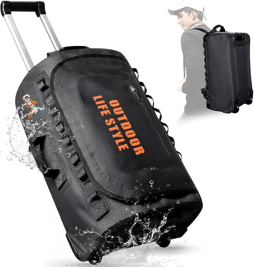 CONTAIL 48L Wheeled Dive Bag with Telescopic Double-Bar Tow Handle, Carry Handles and Detachable Backpack Straps for Scuba Diving Gear, Black