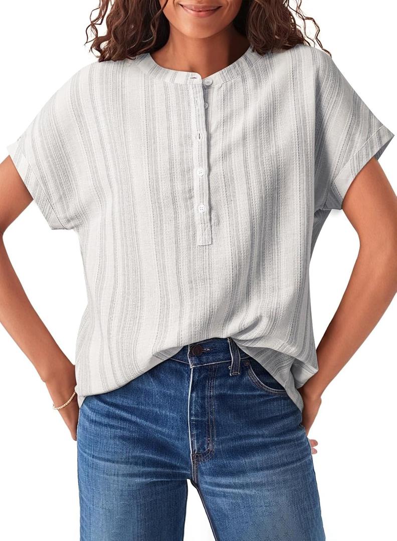 Astylish Womens Striped Henley Neck Linen Shirt Casual Button Down Cap Sleeve Blouse Tops (S)