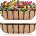 Y&M 24'' Outdoor Planters, 2 Pack Window Boxes with Coconut Coir Liner, Hanging Flower Planter for Balcony, Porch, Fence, Patio Rail