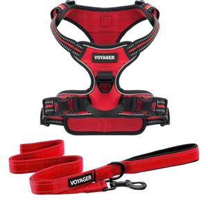 Voyager Dog Harness Dual Leash Attachment No-Pull Control Adjustable Soft but Strong Pet Harness for Medium and Large Dogs with 3M Reflective Technology, Leash Set Red Nylon, S (Chest: 16-20")