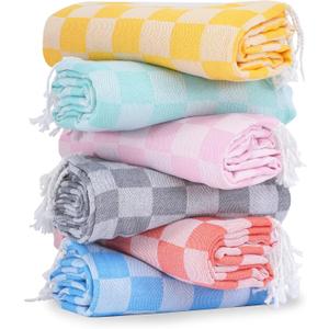 6 Packs Turkish Beach Towel Vacation Essentials Blanket Set Pool Bath Towels Bulk Multipack Travel Sand Free Quick Dry Extra Large Oversized Cute Big Soft Lightweight Compact Checkered Cloud Women (Gz Multicolors Pink)