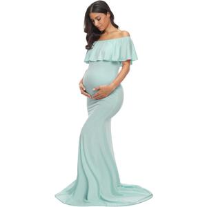 Glampunch Womens Off Shoulder Maternity Dress Ruffles Elegant Slim Gowns Fit Maxi Photography Dress (Light Blue), XL
