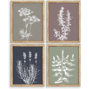 GUMEYJIA Boho Wall Art Set of 4 Framed Herb Prints Botanical White Floral Sketches with Gray and Sage Green Background Modern Farmhouse Decor Home Kitchen Wall Decor (8x10 in)