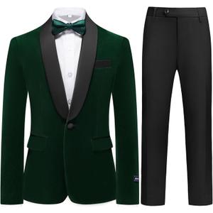 Boys Velvet Suits Slim Fit Tuxedo 2 Piece Kids Blazer Jacket Pants Formal  Fashion Ring Bearer Outfit for Wedding (Green, 14Y)