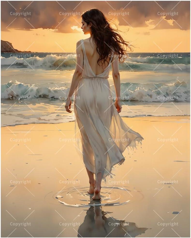 Romantic Paint by Numbers Kit for Adults - DIY Woman Walking by Ocean Sunset Painting on Canvas, Acrylic Paint Set, Suitable for Beginners, Art for Home Decoration or Gifts(16X20IN Framed)