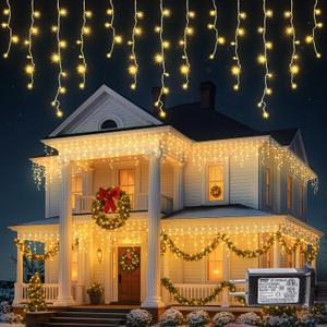 Hopolon 33FT 360L LED Christmas Icicle Lights Outdoor Waterproof,8 Modes Plug in Curtain String LIghts With 60 Drops,Christmas Lights for Wedding,Party,Bedroom,Home,Garden,Wall Decorations(Warm White)