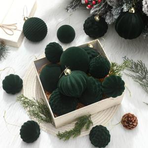 Tigeen 24 Pcs Velvet Glass Christmas Balls 2.36'' 3.15'' Flocked Ornaments for Christmas Tree Assorted Xmas Decorative Hanging Ornaments for Xmas Party Supplies Holiday Decor(Dark Green)