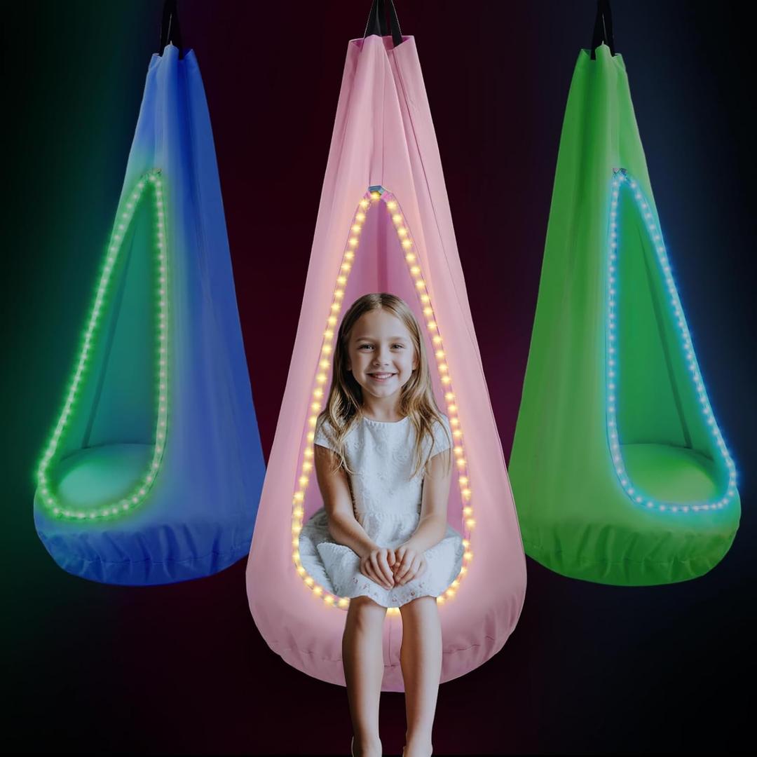 Light Up Kids Pod Swing Seat  Sensory Hammock Chair with Remote & Bluetooth App Control LED Lights, Inflatable Cushion, Pocket  Indoor & Outdoor Swing for Autism & Relaxation