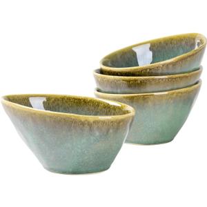 Henten Home Ceramic 20 oz Salad Bowls Set, Slanted Snack Bowl Set of 4, Porcelain Serving Bowls for Soup, Dessert, Microwave & Dishwasher Safe, Reactive Glaze (Green)