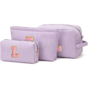 Makeup Bag Cosmetic Bag for Girls with Initial Letter Patch 3 Pieces Corduroy Travel Toiletry Make Up Brush Bag Pounch Organizer Preppy Things Cute Stuff Gifts for Teen Girls (Lavender L)